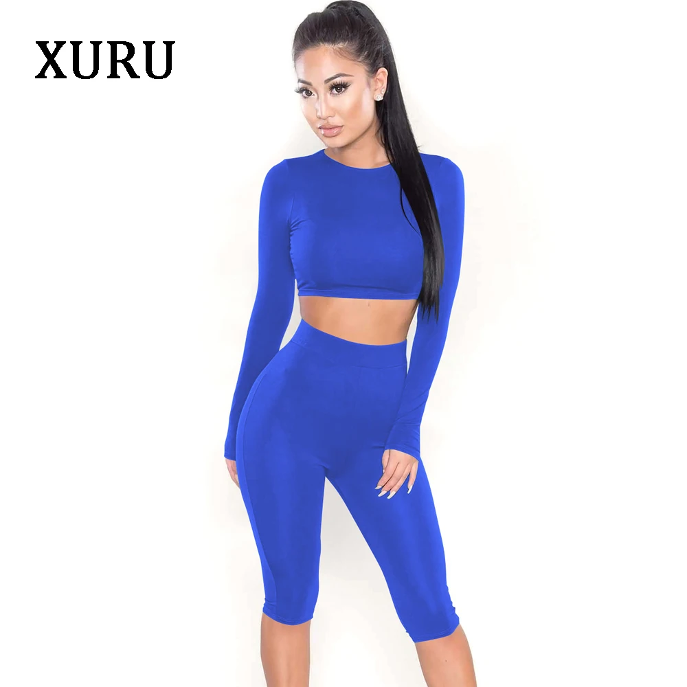 

XURU Summer Playsuits Women Jumpsuit Rompers High Stretchy Solid Two Piece Set Long Sleeve Fitness Casual Rompers 2018 Summer