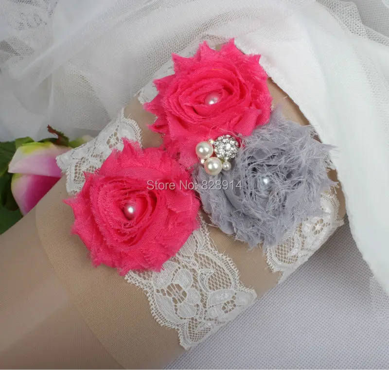 

Free Shipping Original Design Lace Trim Shabby Flower wedding Garter sets for Wedding made of Shabby Flower Handmade