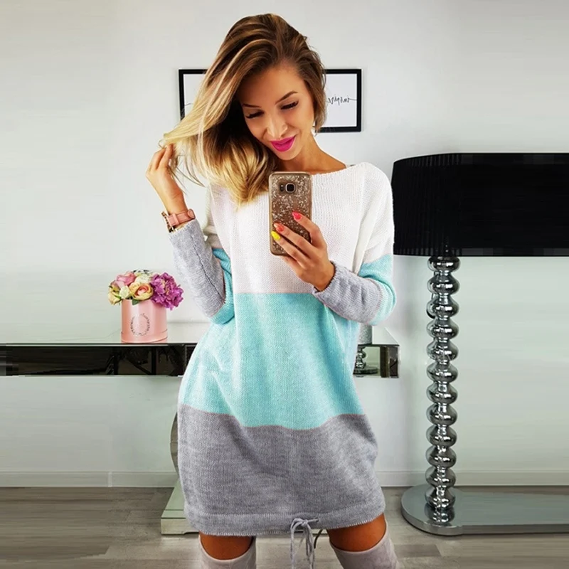 Женское платье свитер в полоску с длинным рукавом повседневное свободное