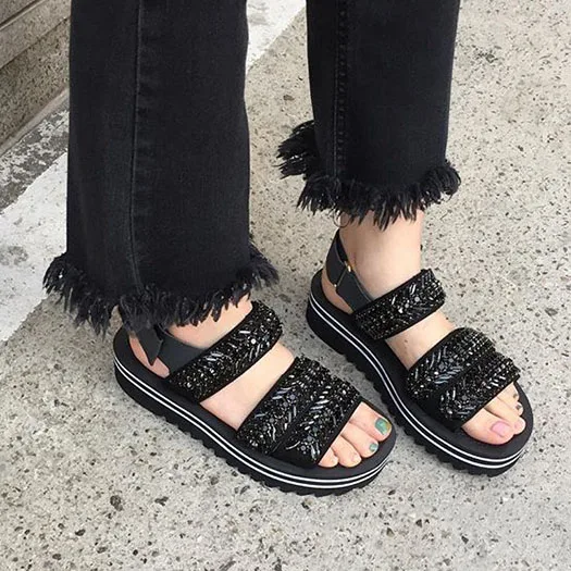 Flatform обувь роскошь белый Bling бриллиант плоские кристалл женщины насосы горный хрусталь высокое качество Harajuku сандалии с двойным ремнем жемчужный Лето квартира - Цвет: Черный