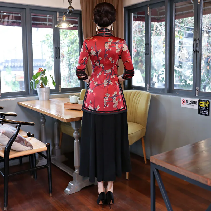 

New Summer Womens Blouse Skirt Sets Traditional Chinese 2pc Short Sleeve Shirt Mandarin Collar Cheongsam Dress Size S-XXXL 9963