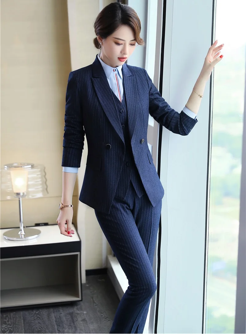 

Fashion Navy Blue Striped Business Suits With Jackets And Pants Uniform Designs Ladies Pants Suit Female Blazers Trousers Set