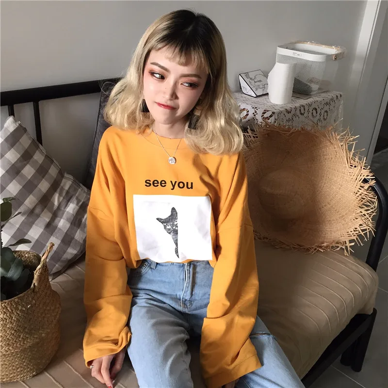 YouGeMan футболка Femme Осень корейский стиль Ulzzang Harajuku мультяшный принт длинный рукав футболка женская повседневная с o-образным вырезом топы