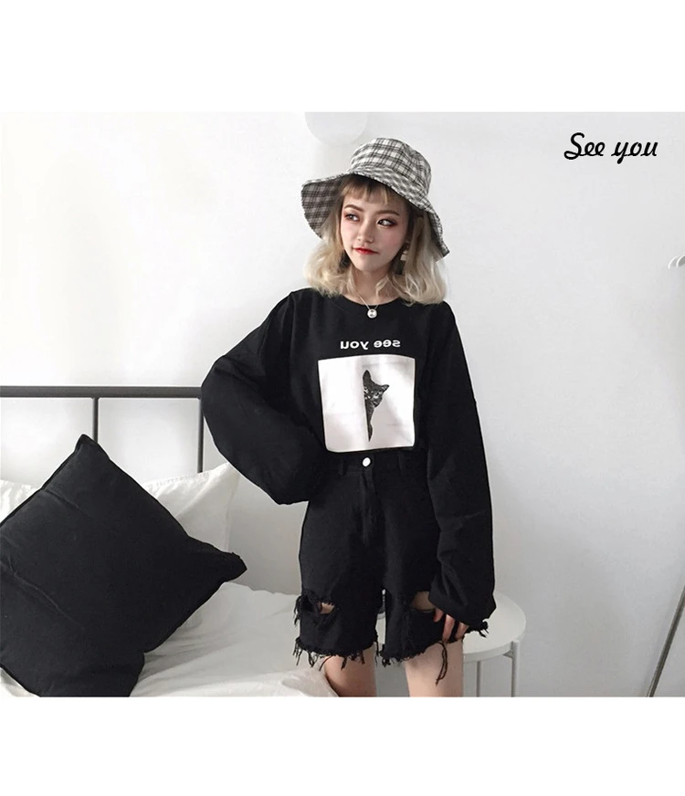 Женские негабаритные Футболки Осень с круглым вырезом kawaii мультфильм печатных свободные Harajuku футболка корейский стиль хип хоп студенческие футболки шикарный топ