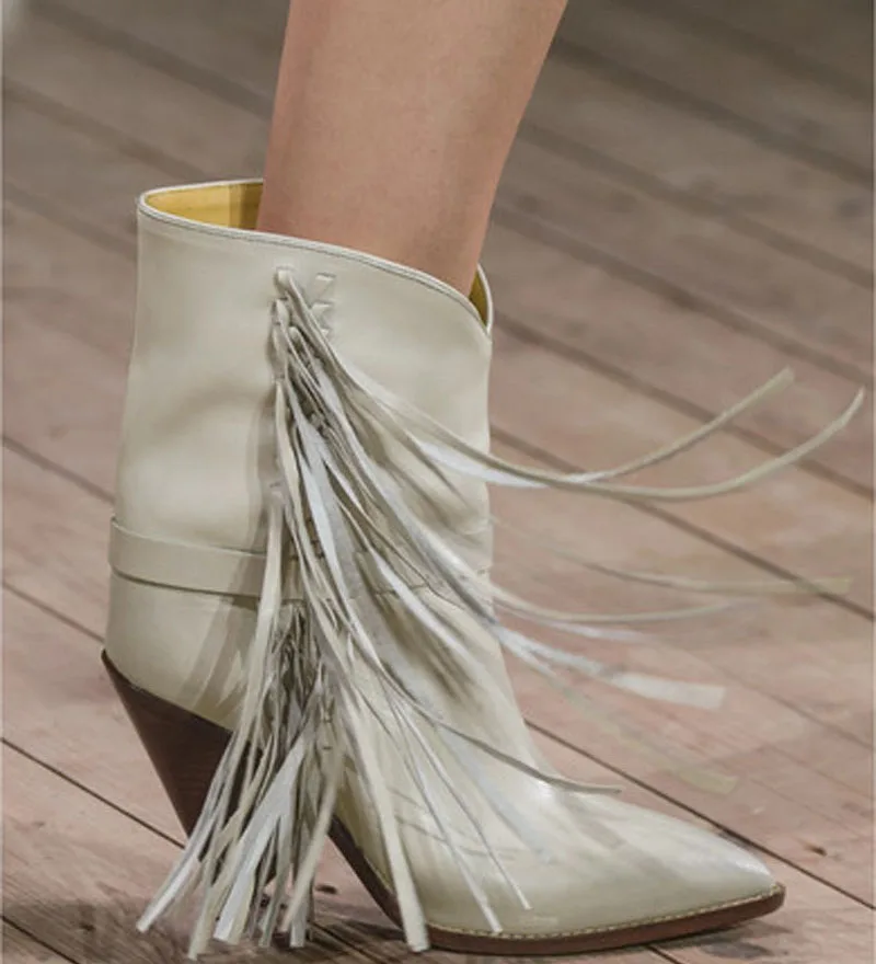 

New Chic Ladies British Style Tassel Ankle Boots Pointed Toe Spike Heels Shoes Women Slip-on Leather Fringed Runway Boots