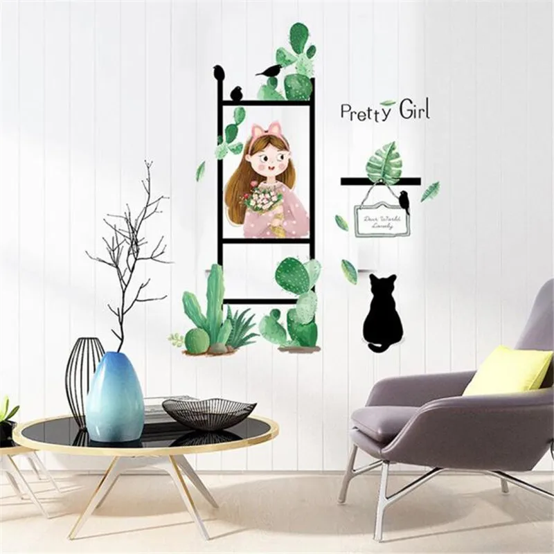 1 шт. красивая девушка Наклейка на стену Кошка Птица Зеленый завод DIY для девочек