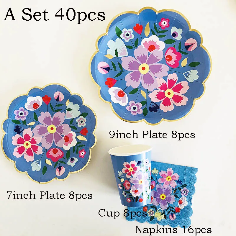 A Set 40pcs 40 шт. тропический цветок одноразовая посуда позолоченная бумага/чашка/мраморные плиты украшение стола свадьба день рождения поставки - Цвет: A Set 40pcs