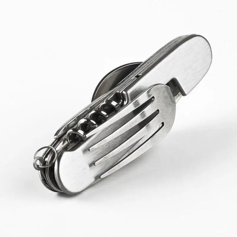 

4 in 1 Outdoor Tableware (Fork/Spoon//Bottle Opener) Camping Stainless Steel Folding Pocket Kits for Hiking Survival Travel