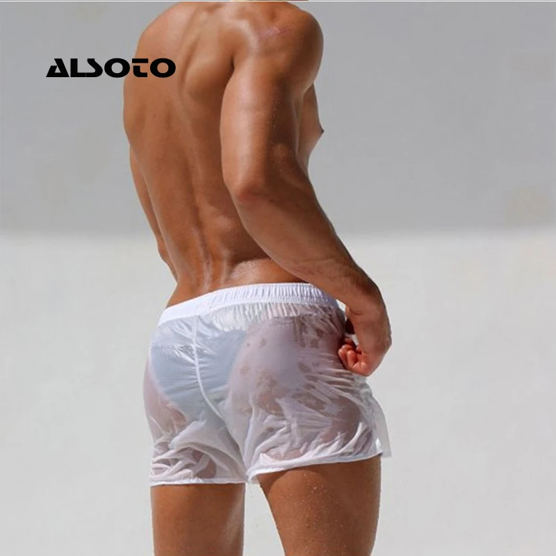 ALSOTO, пляжные шорты, мужские, полностью прозрачные, сексуальные, повседневные, одноцветные, пляжные шорты, для серфинга, для плавания, мужские, Maillot De Bain, пляжные шорты