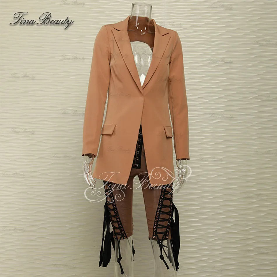 nude set ORIGINAL Tina beauty Cardi B комплект из 2 предметов, штаны, блейзер с открытой спиной, длина до колена, с кисточками, v-образный вырез, сексуальный сетчатый, с длинным рукавом, на шнуровке, украшенный пряжкой - Цвет: nude set ORIGINAL