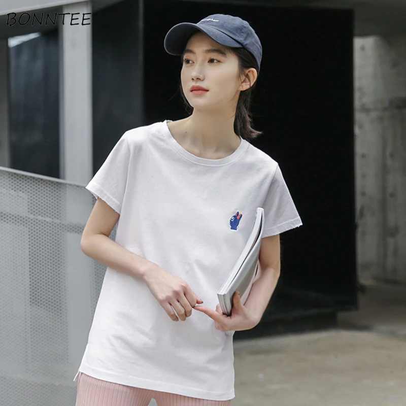 

T-shirts Women Cartoon Embroidery Loose Trendy Summer T-shirt Womens 2020 Simple Students O-Neck All-match Leisure Korean Ladies