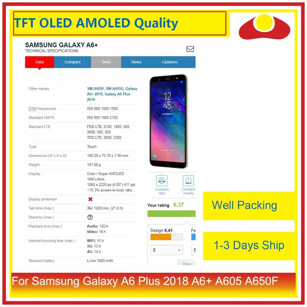 

ORIGINAL For Samsung Galaxy A6 Plus 2018 A605 A6+ LCD Display With Touch Screen Digitizer Panel Monitor Assembly Complete