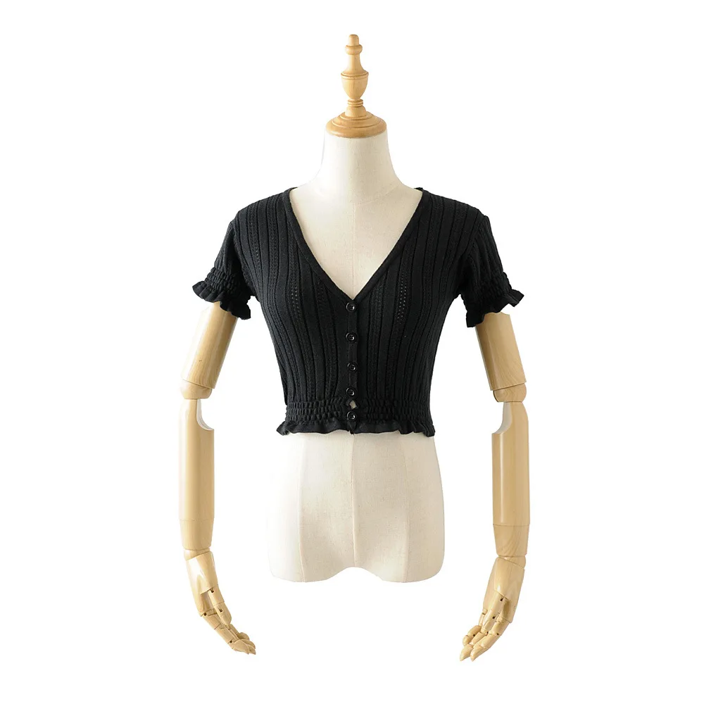 Женский кардиган с коротким рукавом трикотажный V образным вырезом и вырезами