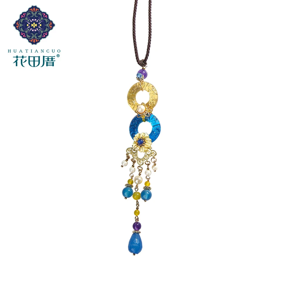 

Ethnic Handmade Tassel Pendant Necklace Colored Glass Shell Bead Flower Blue Stone Bead Rope Chain Female Accessories CL-18108