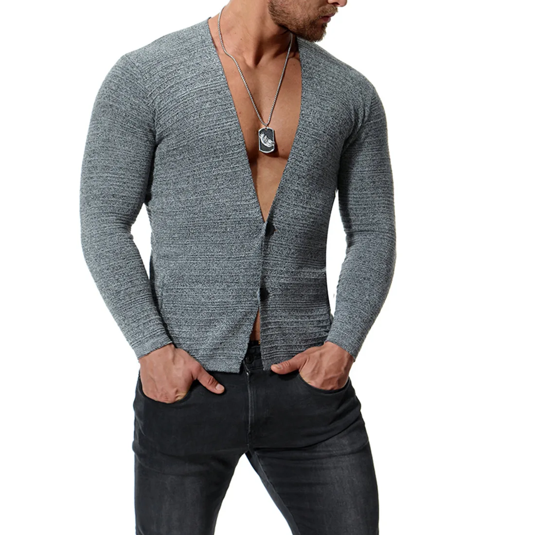 

2019 Autumn New Youth Men's Solid Color Slim Knitted Cardigan Sweater Coat Base Shirt