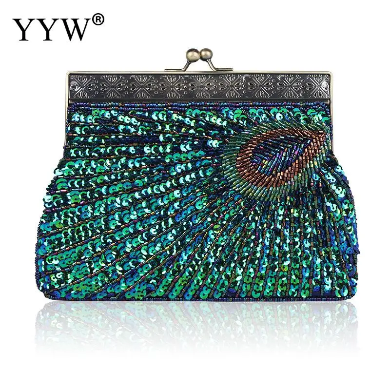 peacock blue Женская вечерняя сумка с рисунком павлина и хвоста, клатч с маленькими стеклянными бусинами - Цвет: peacock blue