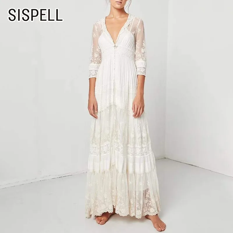 SISPELL 2019 летнее платье длиной до пола с вышивкой для женщин v образный вырез рукав