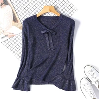 new fashion shiny women knitted sweater long sleeve ruffle knitting pullover lace bow flare women basic sweaters d360