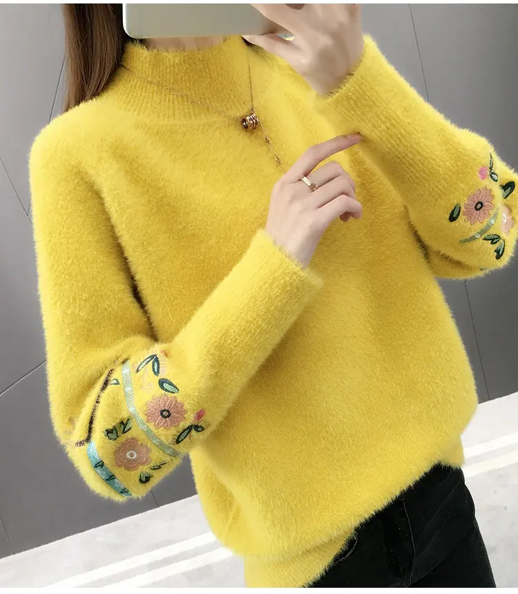 Women Knitted Sweater And Pullovers Korean Fashion Style Turtleneck Sweaters Autumn And Winter New Wool Yellow Sweater