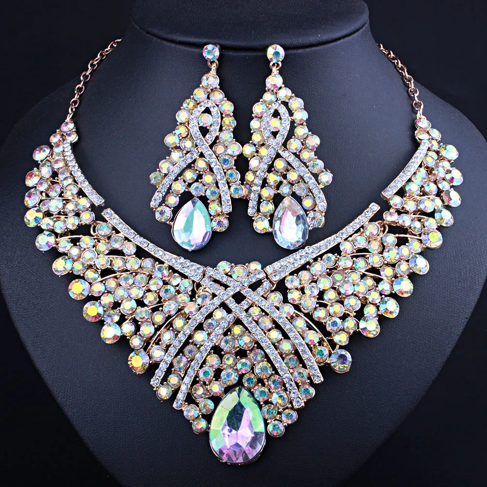 Комплект из колье и серёг с кристаллами|crystals necklaces earrings|drop setnecklace earring |