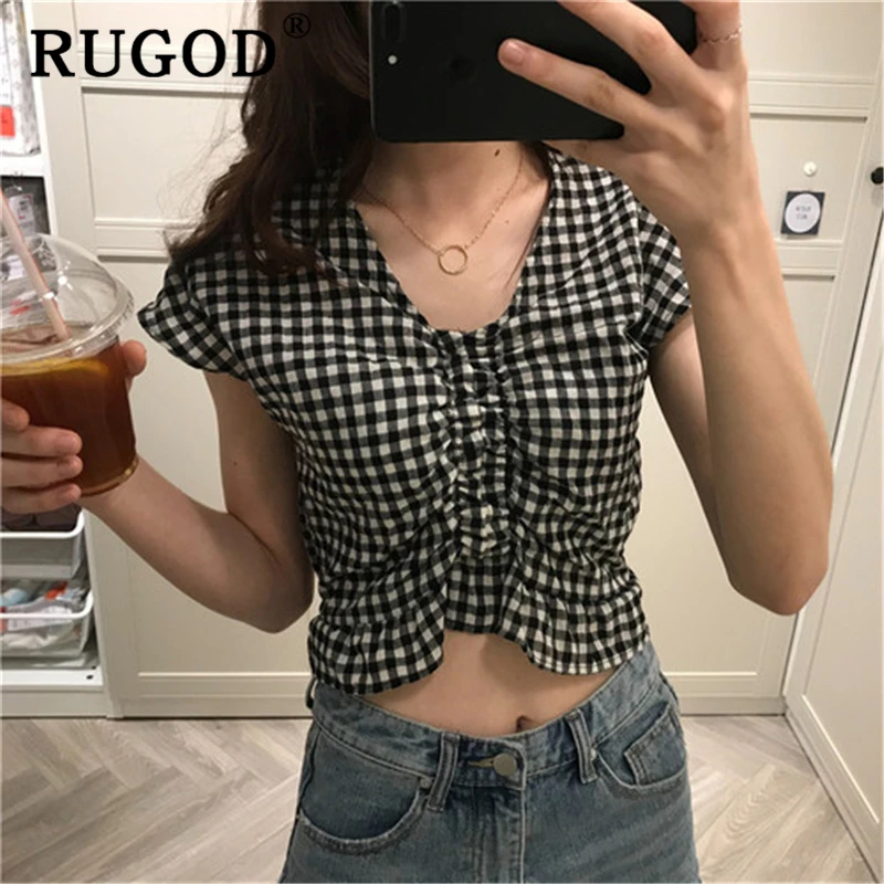 Женская клетчатая блузка RUGOD Повседневная Блузка в Корейском стиле с v образным