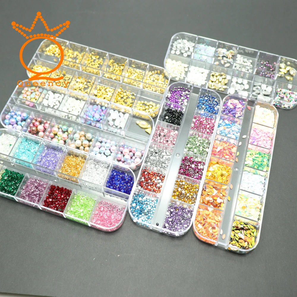 Стразы для дизайна ногтей аппликация 12 ячеек акриловый Алмазный гвоздик жемчуг