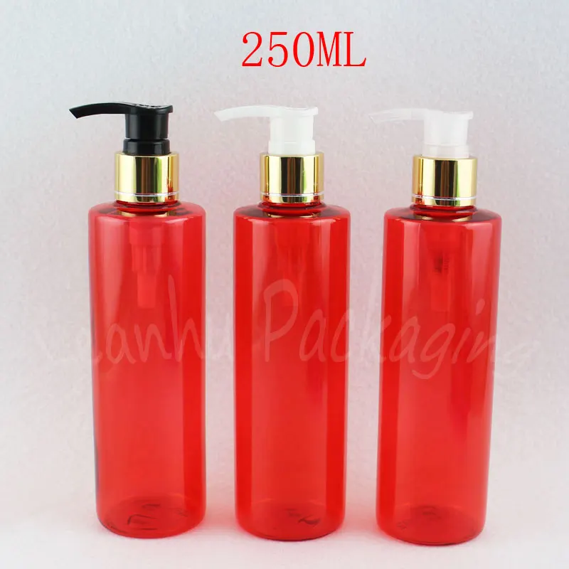 250ML Red Flat Shoulder Plastic Bottle With Gold Lotion Pump , 250CC Shampoo / Lotion Packaging Bottle , Makeup Sub-bottling