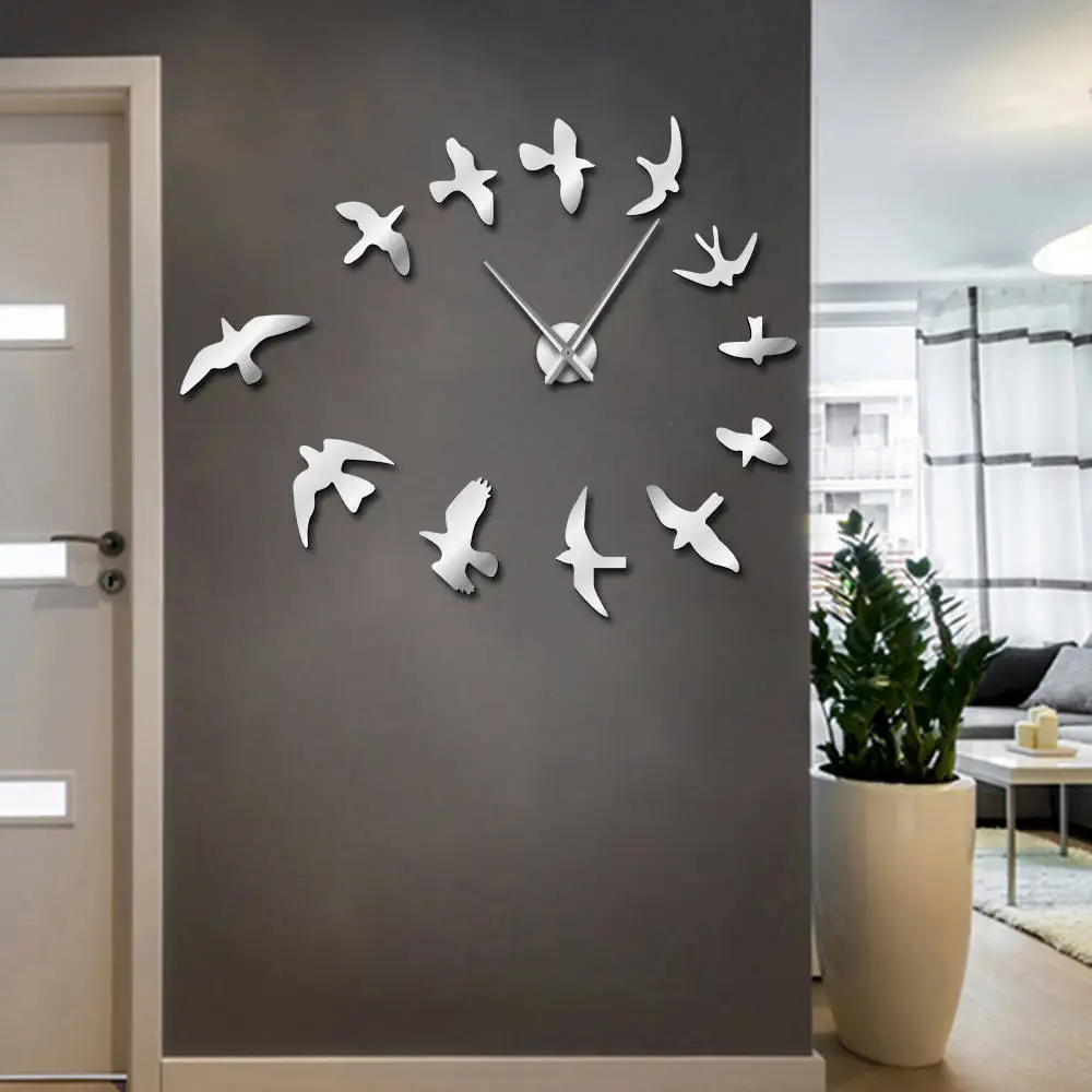 Modern Design Luxury Frameless DIY Large Decorative Mirror Wall Clock with Flying Birds - Nature Room Decor image 3