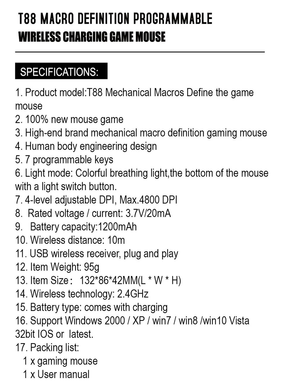 HXSJ T88 Беспроводная игровая мышь 7-Key эргономичный дизайн Поддержка макросъемки 7 цветов подсветки-перезаряжаемая до 4800 точек/дюйм