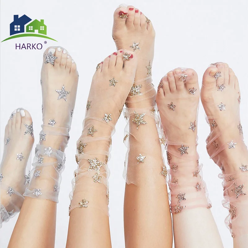 HARKO Chic Harajuku блестящие носки со звездами прозрачные сетчатые золотые Серебристые