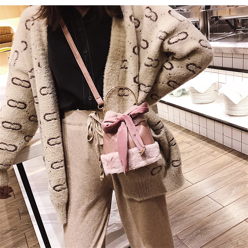 Модная мини сумка ведро зимние меховые сумки женские мессенджеры с