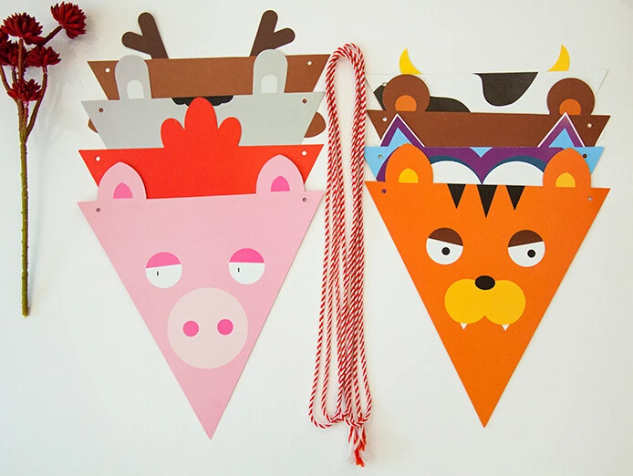 Гирлянда с милыми мультяшными животными и флажками праздничные принадлежности