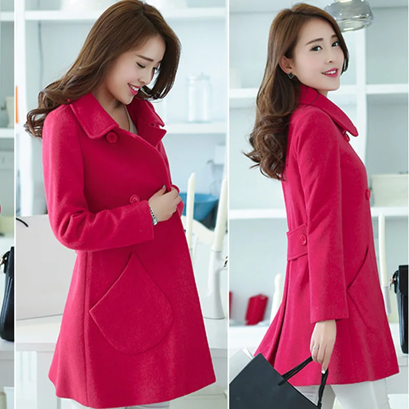 Женское осеннее пальто двубортное плотное шерстяное с отложным воротником