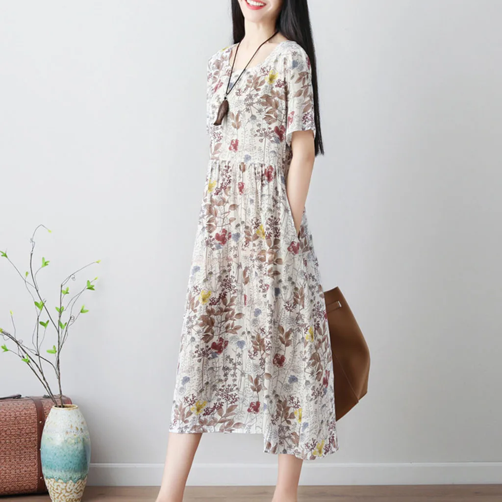 Женское повседневное свободное платье с коротким рукавом хлопковое льняное