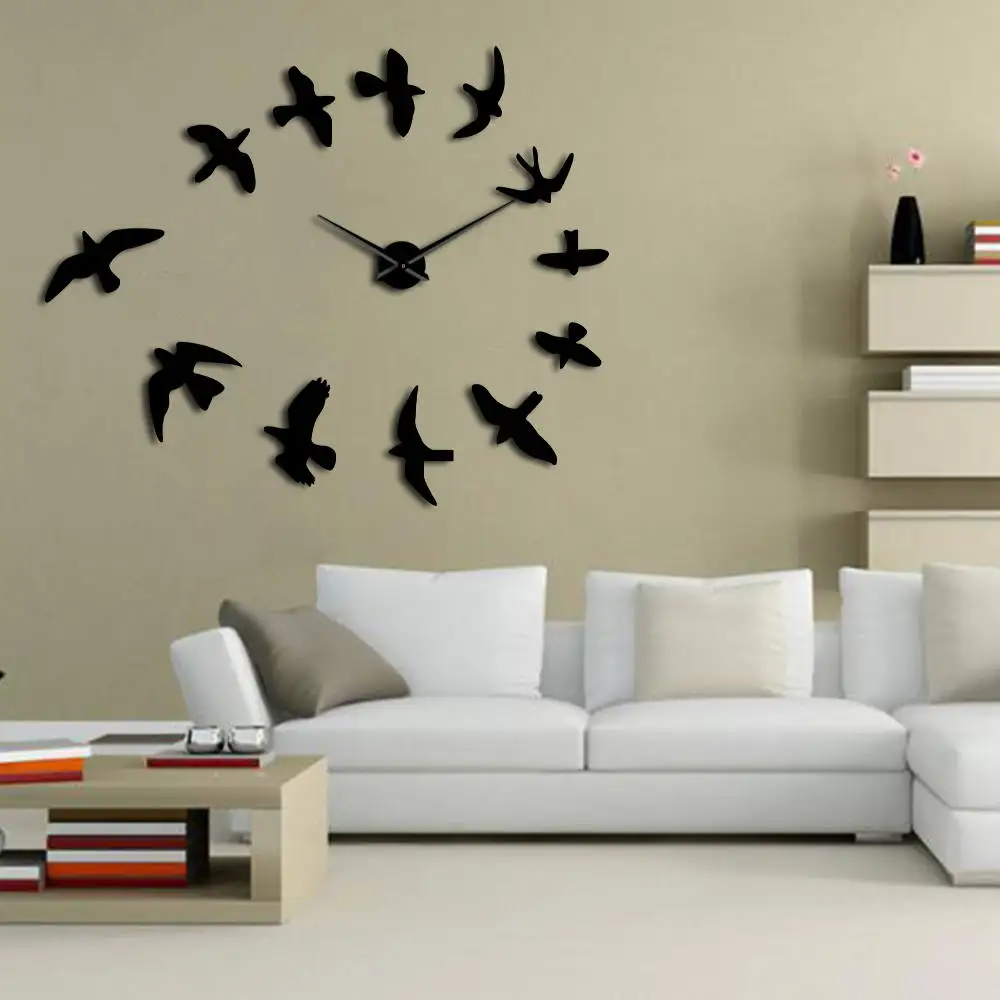 Modern Design Luxury Frameless DIY Large Decorative Mirror Wall Clock with Flying Birds - Nature Room Decor image 4