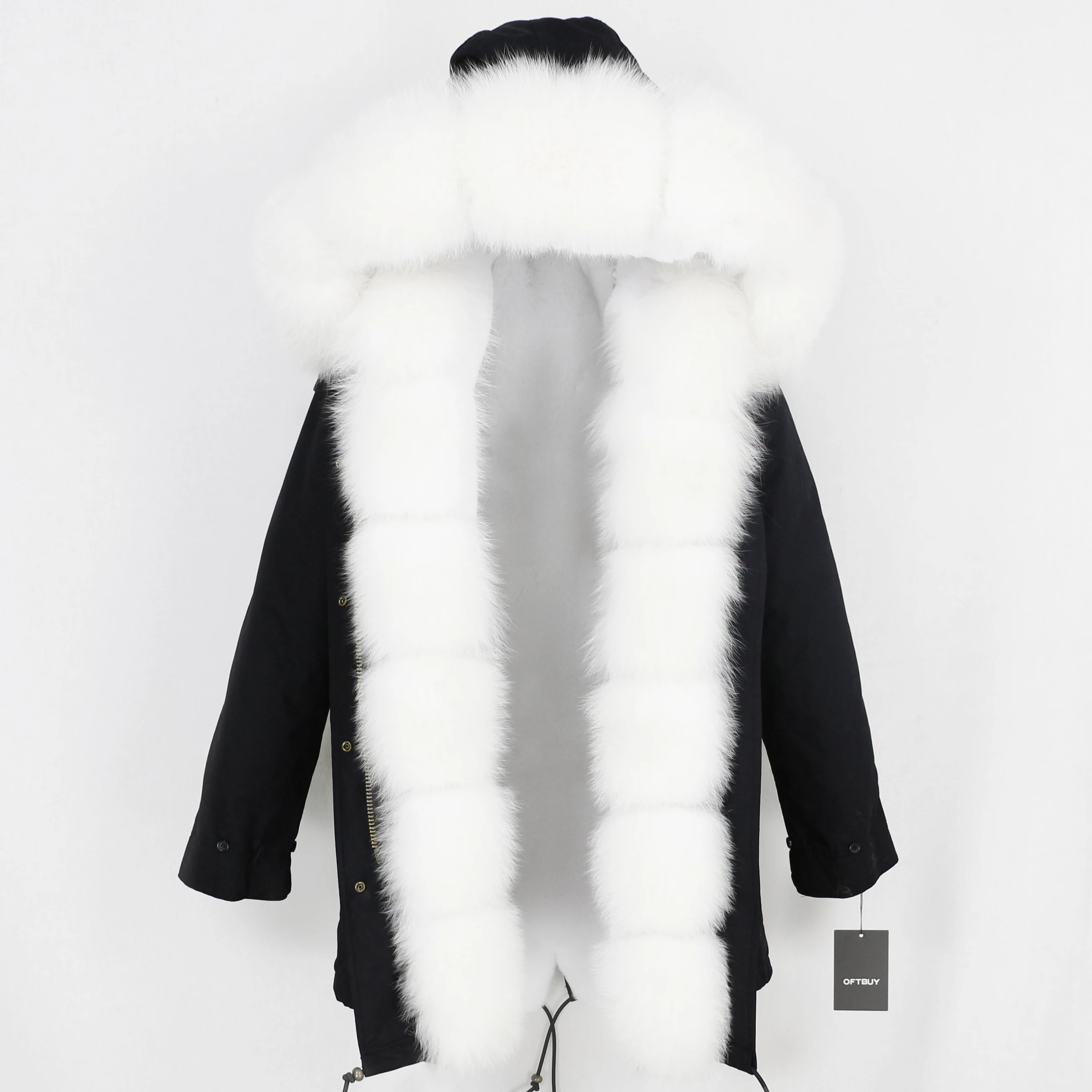black white OFTBUY шуба из натурального Лисьего меха, зимняя женская длинная парка, капюшон из натурального Лисьего меха, брендовые парки, Толстая теплая уличная одежда со съемным капюшоном - Цвет: black white