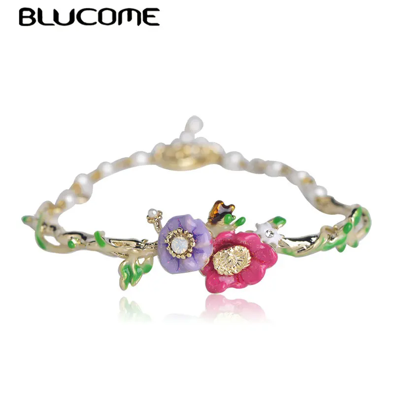 

Blucome Sweet Colorful Flower Shape Enamel Bracelet Simulated Pearl Lobster Clasp Accessories For Women Girls Party Daily Gifts