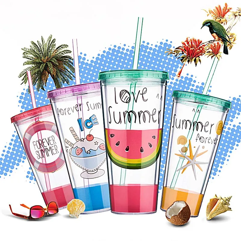 Модная двухслойная пластиковая бутылка для воды с соломинкой без бисфенола А