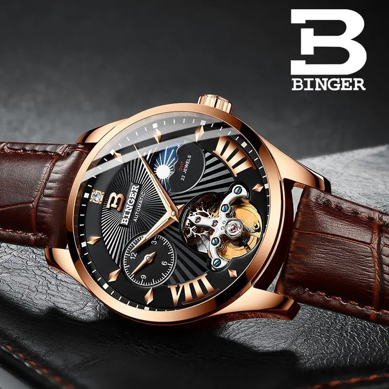 

Switzerland Watch Men Binger Automatic Mechanical Men Watches Luxury Brand Sapphire GMT Men Wrist Watch Waterproof B-1186-11