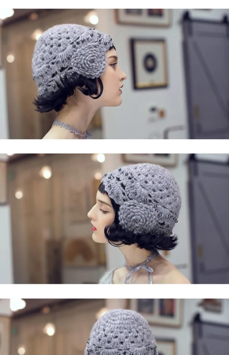 Осенние и зимние женские вязаные шапки Skullies ручной работы с капюшоном, милая шерстяная шапка в стиле ретро, женская шапка с большим цветком и жемчужной инкрустацией