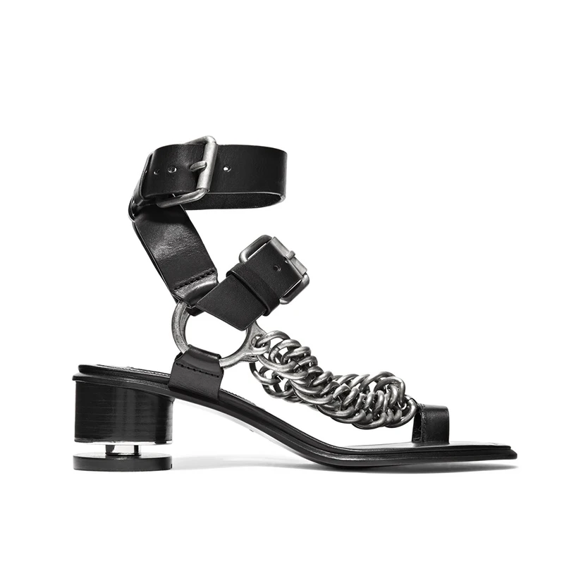 Black Chain Sandals Новинка года; Босоножки с открытым носком на невысоком каблуке в стиле ретро; женская обувь; Роскошные брендовые дизайнерские кожаные сандалии с цепочкой на массивном каблуке - Цвет: Black Chain Sandals