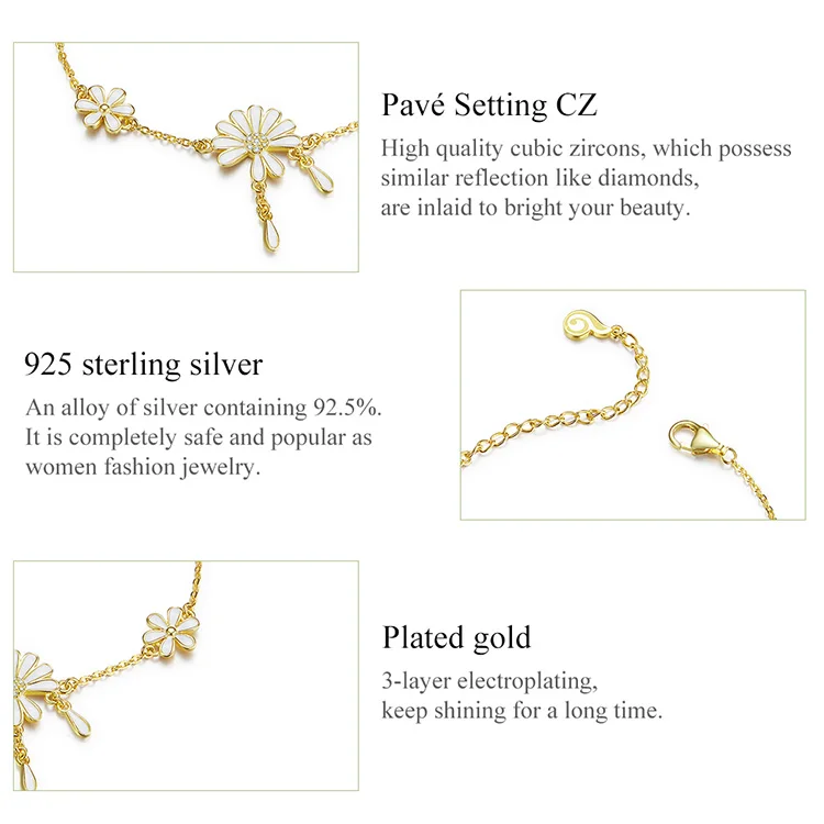 Bamoer Falling Petal Daisy bracelets для женщин, модное ювелирное изделие, белая эмаль, браслет-цепочка с цветами, серебро 925, ювелирное изделие, подарки BSB018