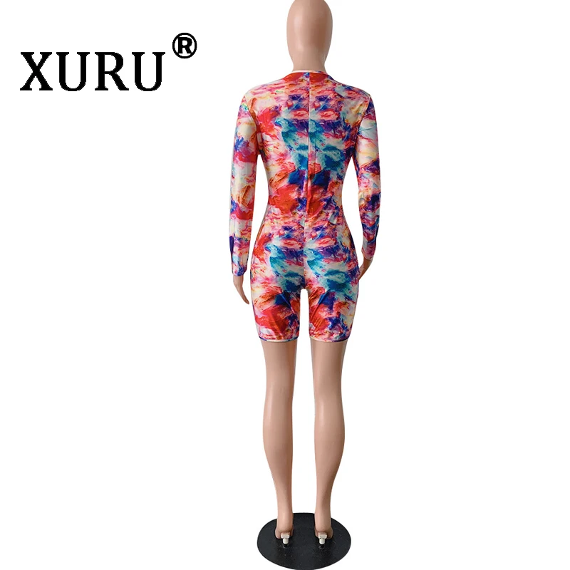 

XURU summer new women's sexy print jumpsuit casual V-neck long-sleeved tight-fitting shorts
