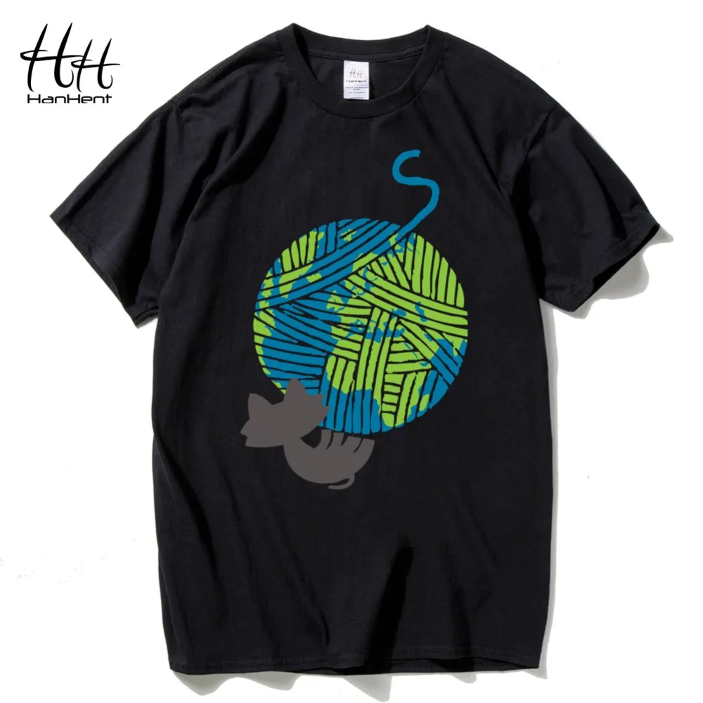 HanHent Cat love Earth шерстяные футболки с принтом мужские коротким рукавом модные