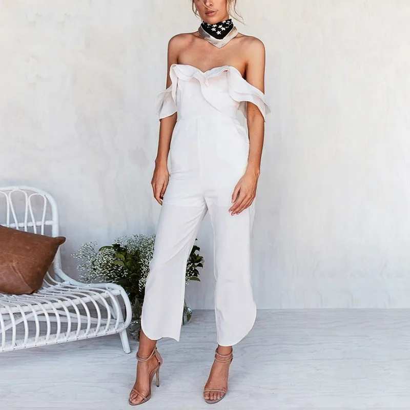 Женский комбинезон с открытой спиной черный оборками повседневный завышенной