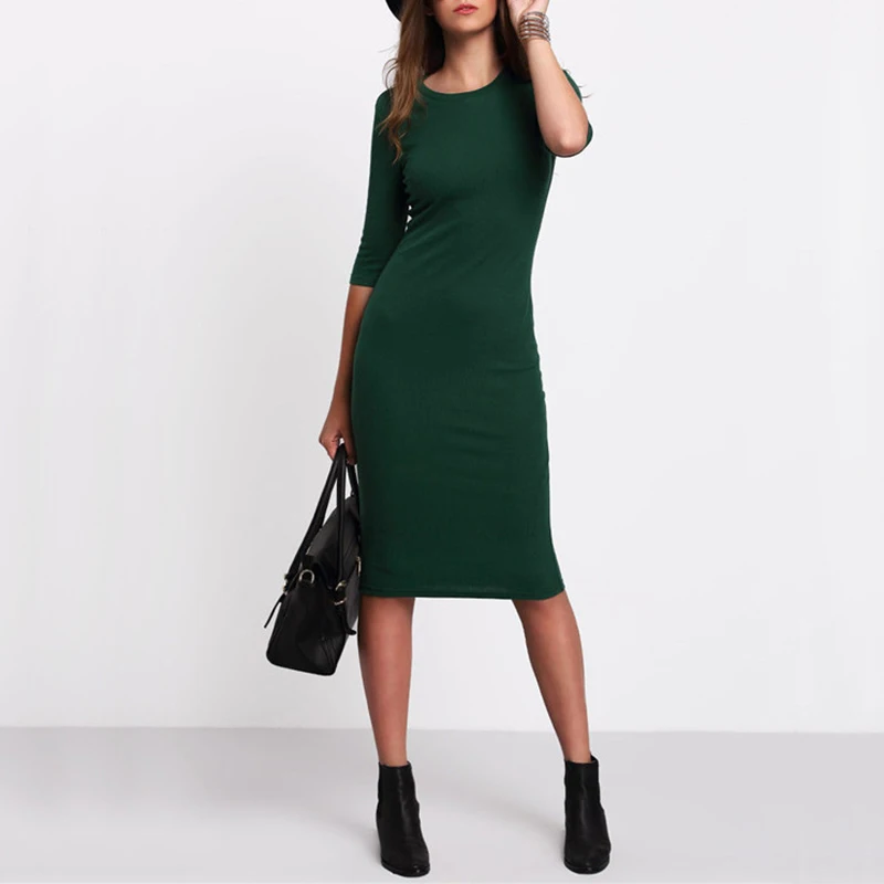 Женская мода 2019 Лето Новое однотонное платье девушка тонкий 3/4 рукав Slim Fit миди |