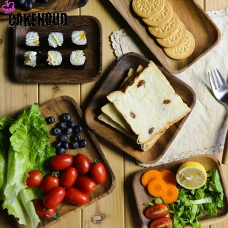 CAKEHOUD тарелки из цельного дерева, акация, дерево, фрукты, десерт, кофе, салат, квадратный поднос, тарелка в японском стиле, обеденные тарелки, тарелки раколовка