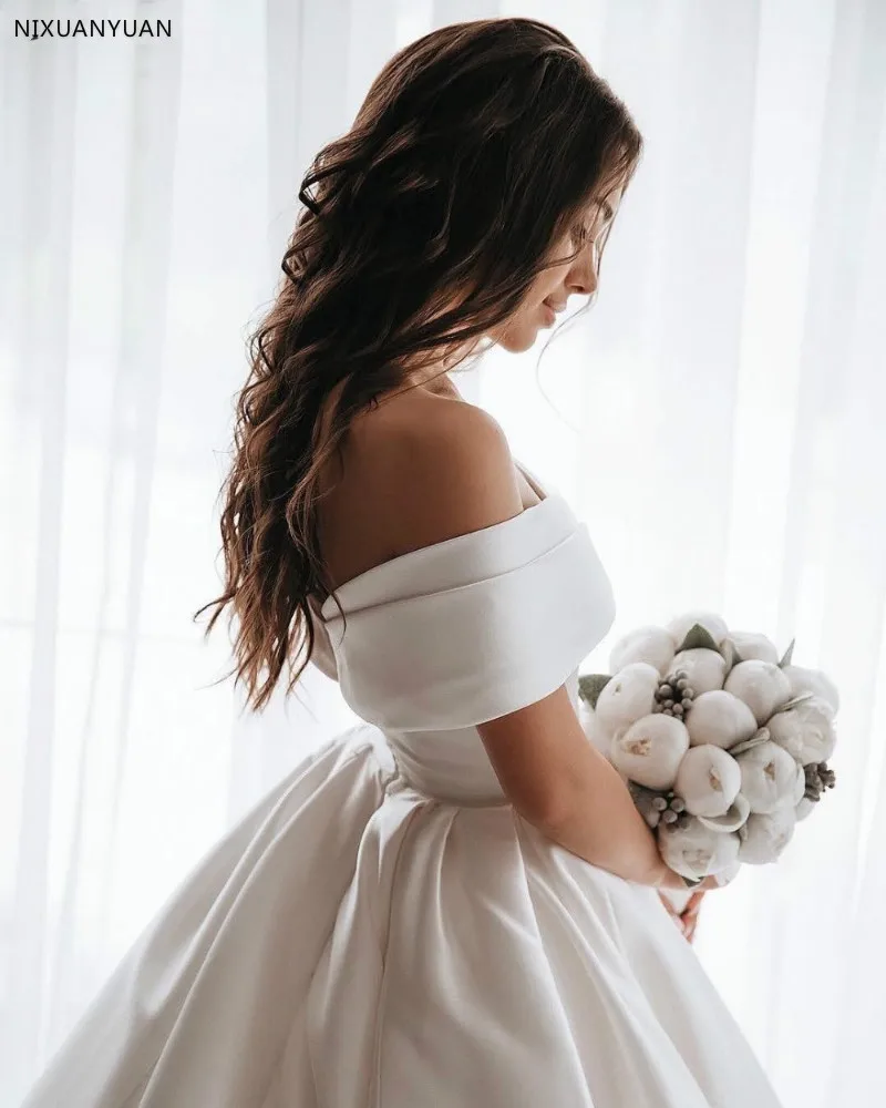 Vestido De Noiva белые атласные свадебные платья с открытыми плечами, милое бальное платье, пышное свадебное платье, платье невесты из Саудовской Аравии