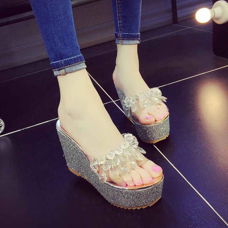 Сандалии женские на платформе блестящие шлепанцы повседневные пляжные туфли