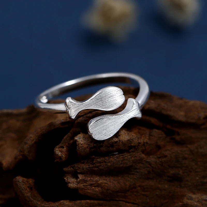 925 Sterling Silver Rings for Women Men Double fish Brushed Adjustable Open Ring Engagement Wedding Gift Jewelry | Украшения и